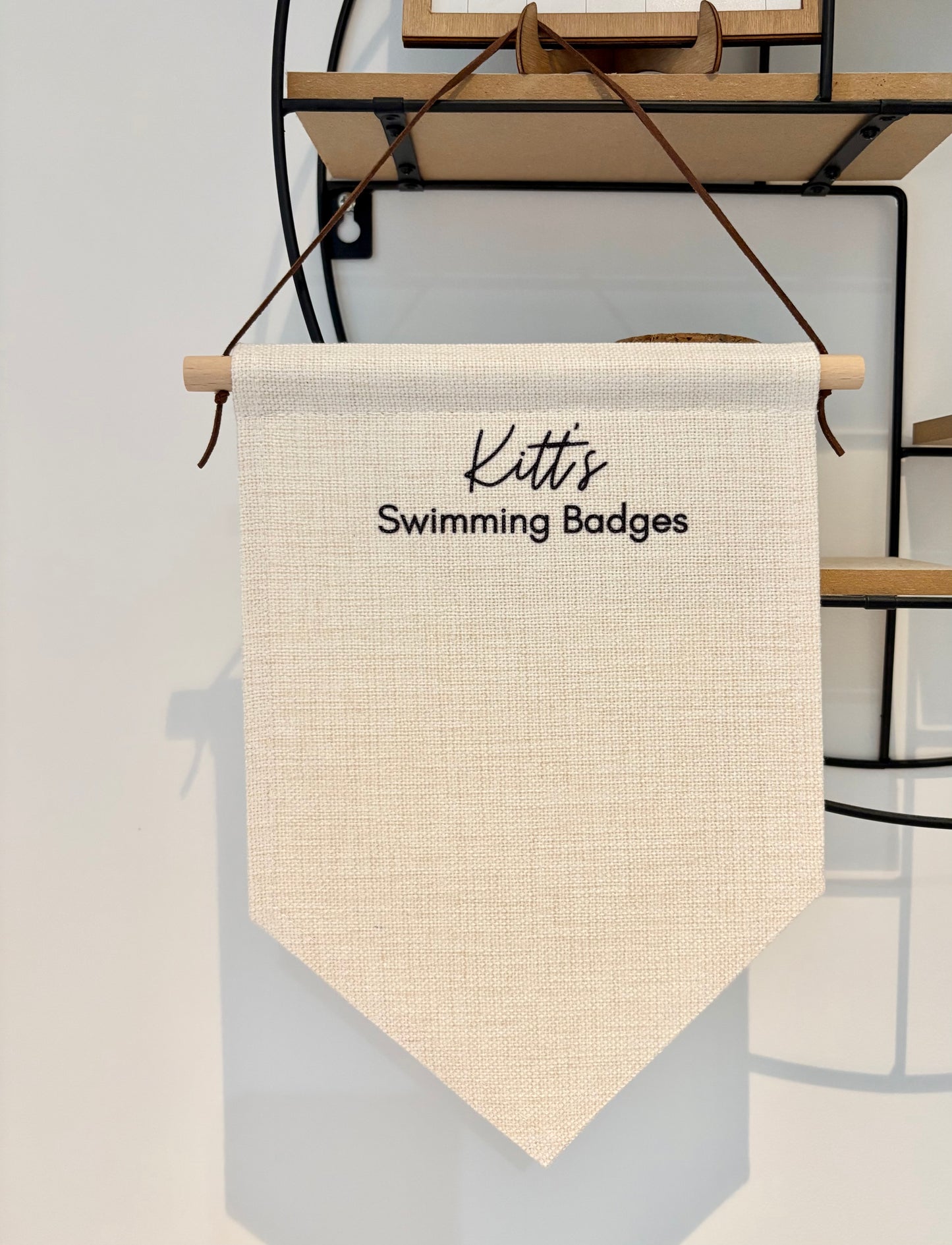 Personalised Swimming Badge Holder Pennant, Custom Name Hanging Banner For Swim Badges, Kids Room Display, Swimming Award Organizer