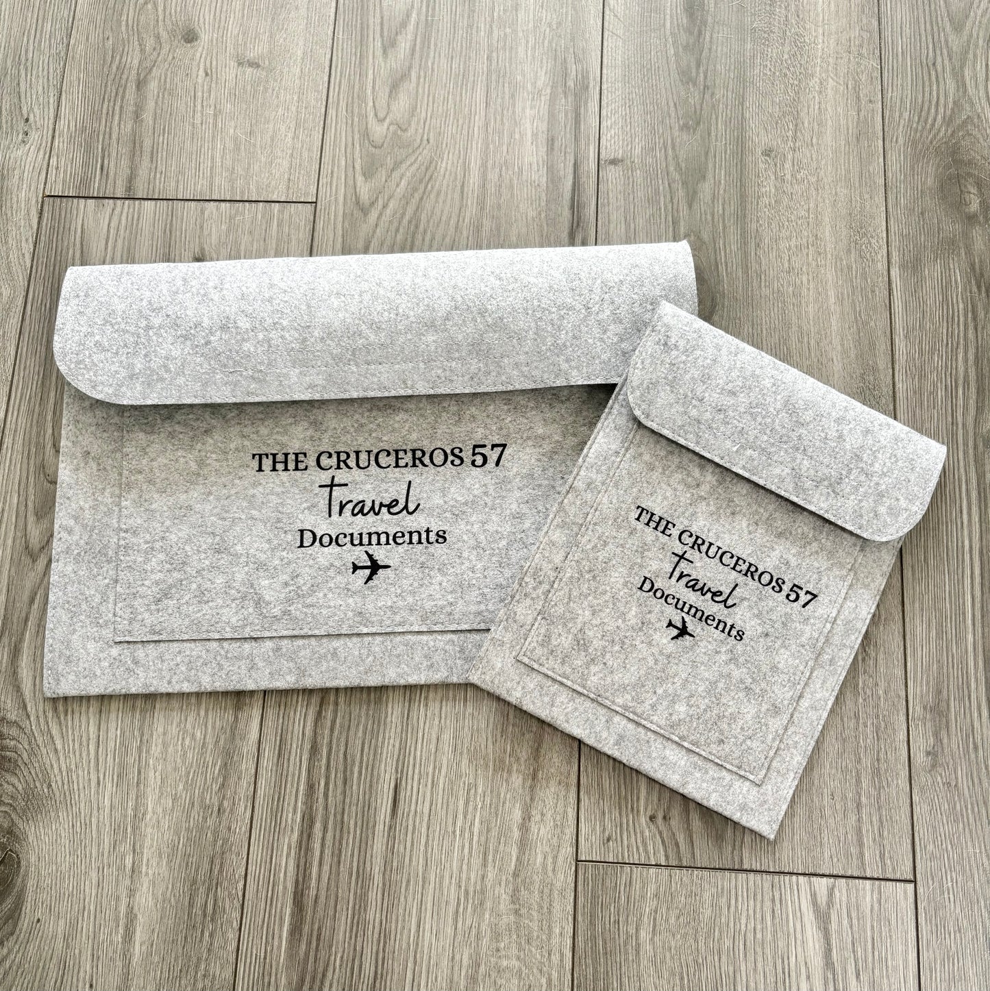 Custom Travel Essentials Pouch, Personalised Grey Felt Folder, Document Holder, Travel Wallet, Gift for Him or Her, Organiser Case, Holiday