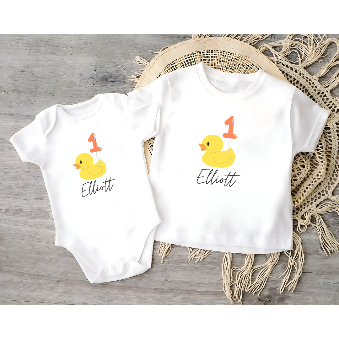 Personalised Birthday Duck Children's T-Shirt, Baby Bodysuit Vest, Birthday Balloon, Duck Style, Birthday Outfit, Duck Love, Birthday Top