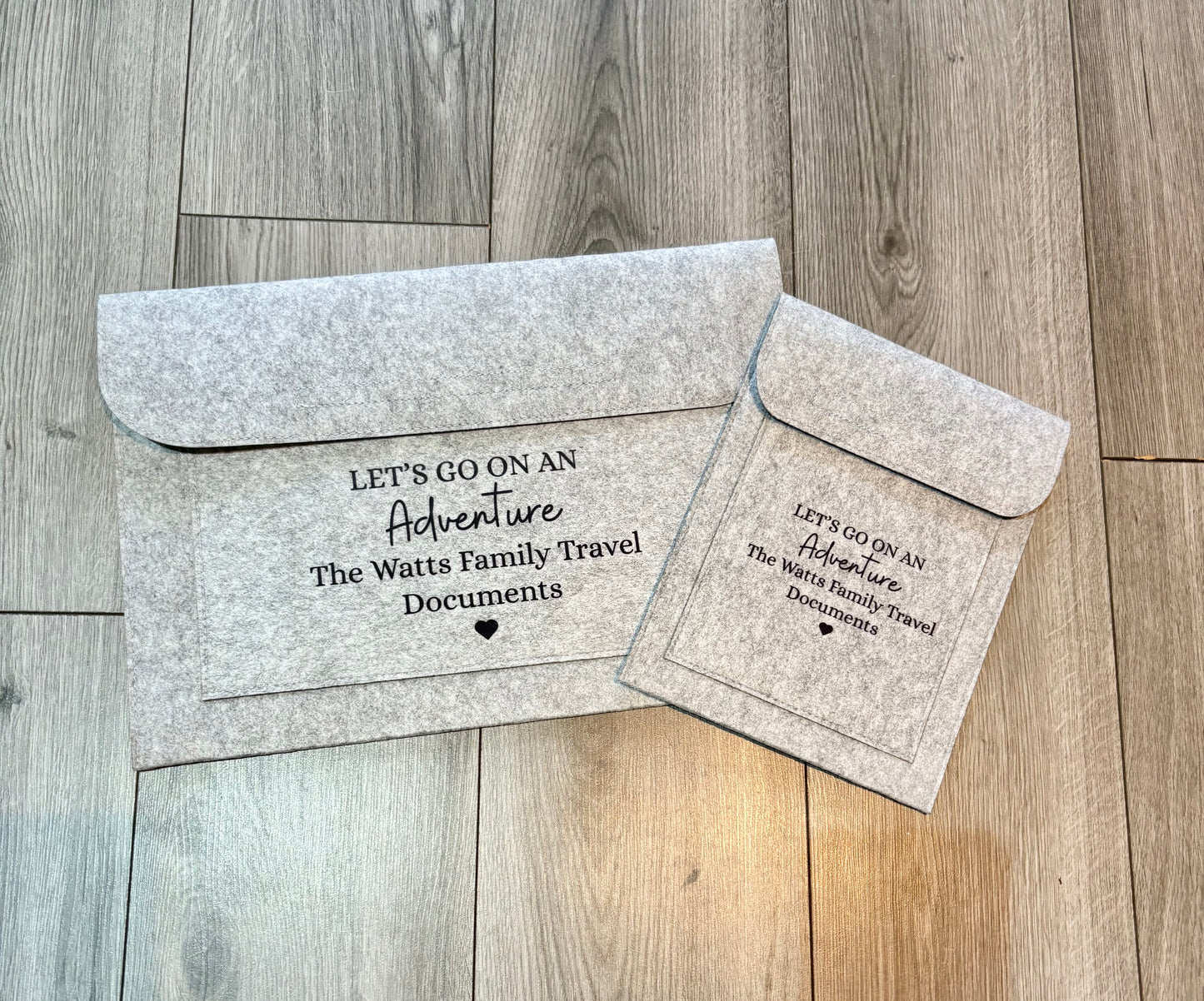 Custom Travel Essentials Pouch, Personalised Grey Felt Folder, Document Holder, Travel Wallet, Gift for Him or Her, Organiser Case, Holiday