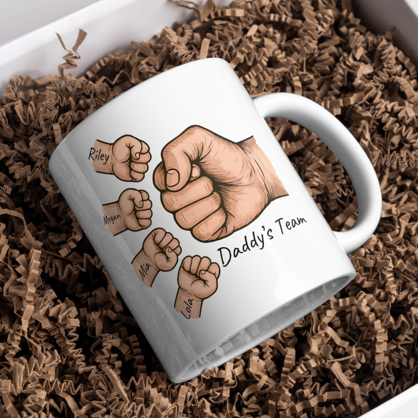 Daddy's Team Mug, Custom Fist Bump Mug with 1-5 Kid's Names, Father's Day Gift from Kids, Personalised Dad Mug, Gift for New Dad
