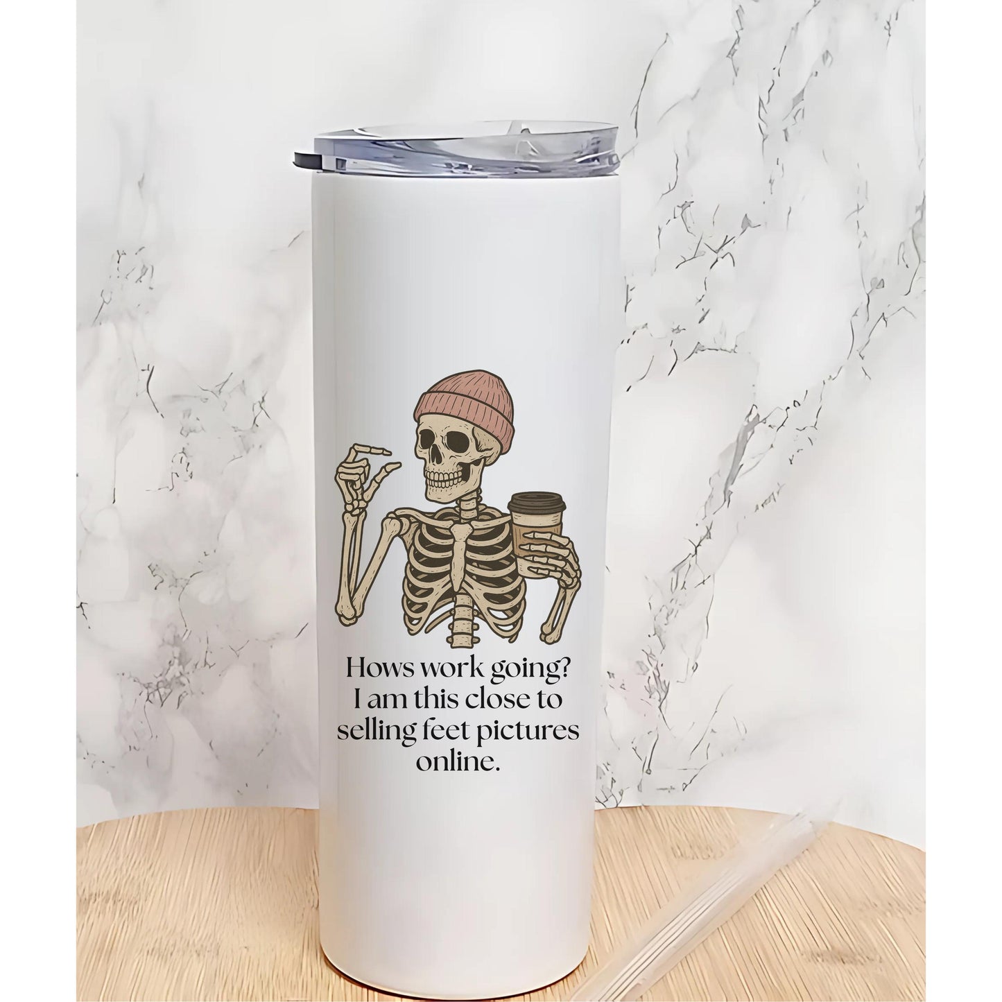 How’s Work Tumbler, Funny 20oz Tumbler with Lid, I'm This Close to Selling Feet Pics, Office Humor Gift, Sarcastic Travel Cup