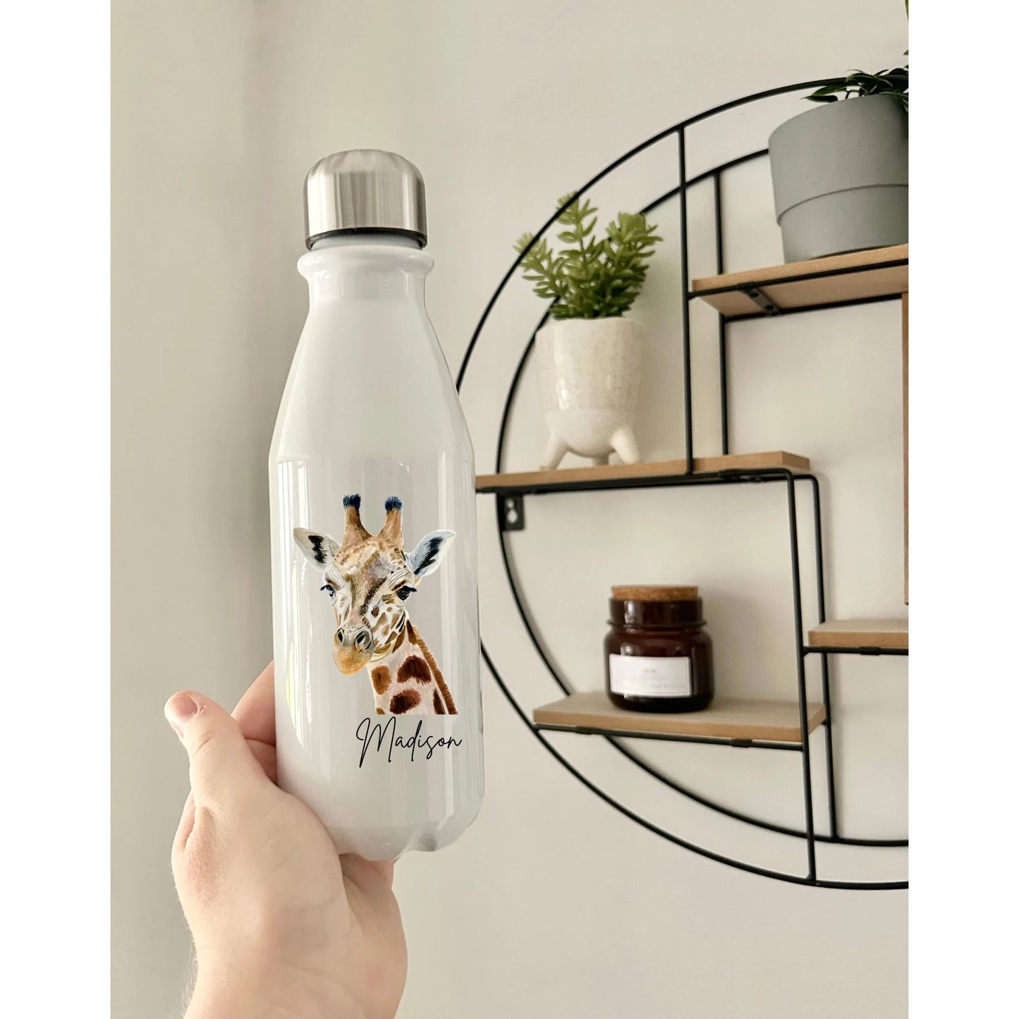 Personalised Giraffe Water Bottle, Custom Kids Drink Bottle with Name, Cute Animal Reusable Bottle for School, Birthday Gift
