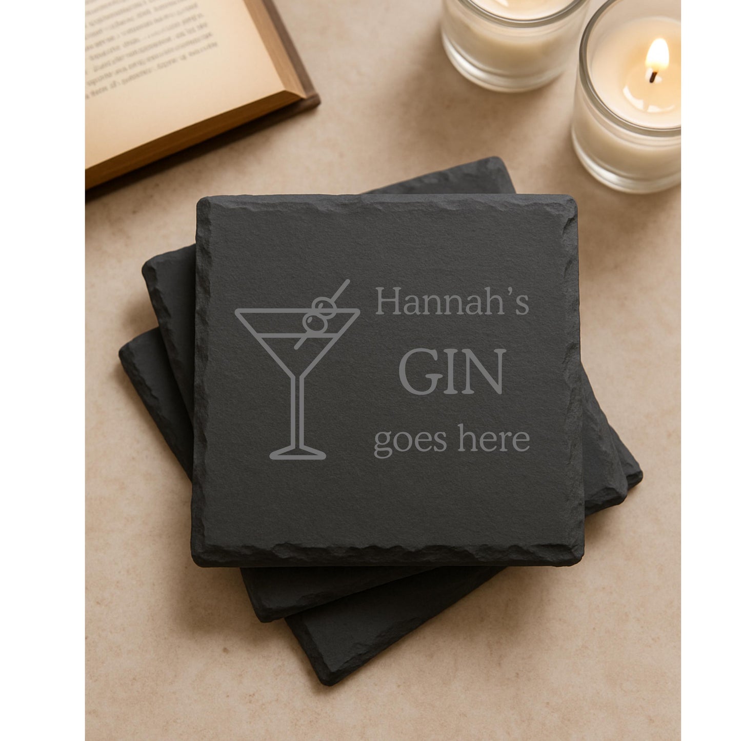 Personalised Slate Coaster, Custom Name 'Gin Goes Here', Engraved Stone Drinks Coaster, Unique Gift for Gin Lovers
