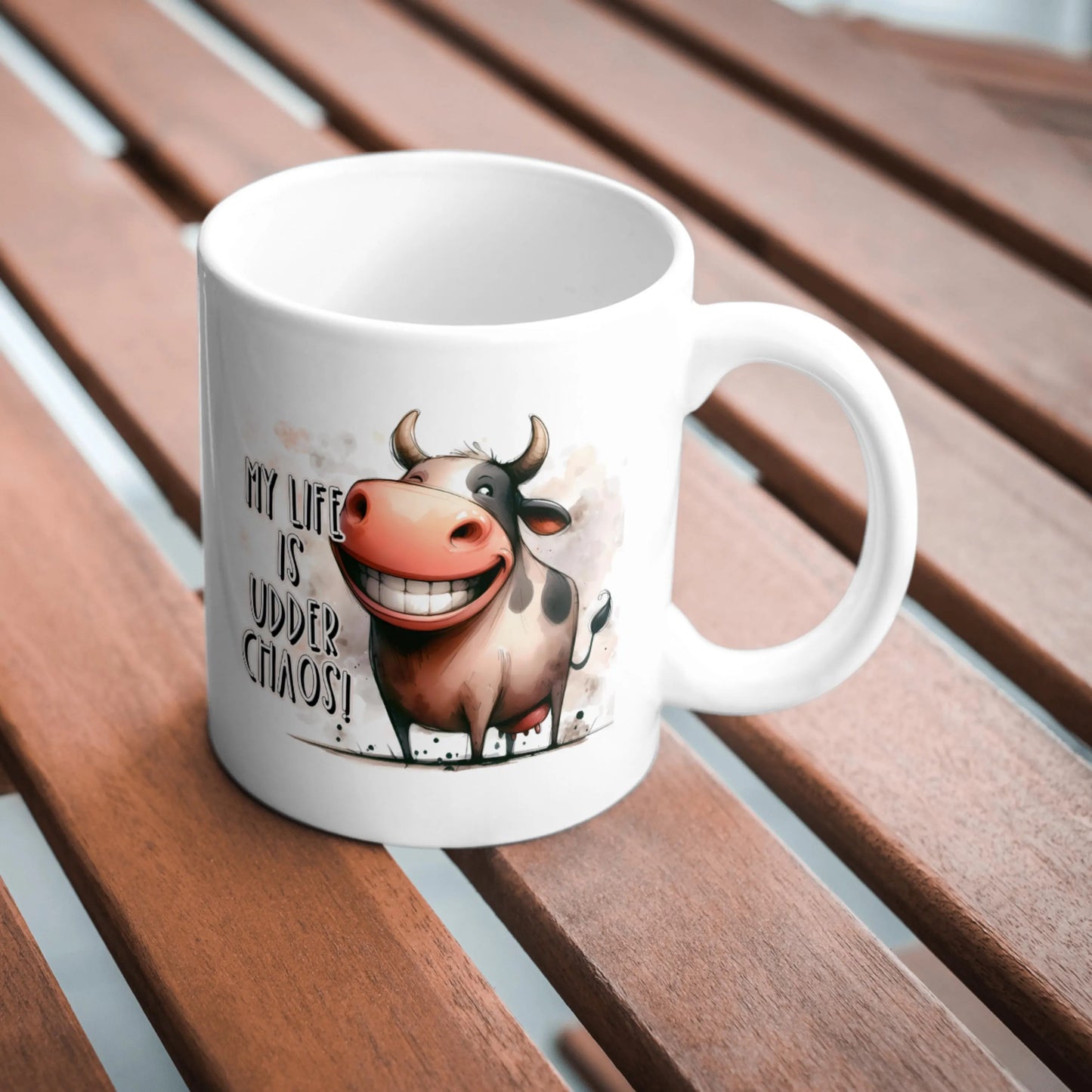 My Life Is Udder Chaos Mug, Funny Cow Coffee Cup, Cute Animal Mug for Coffee Lovers, Humorous Gift for Mum, Friend or Cow Lover