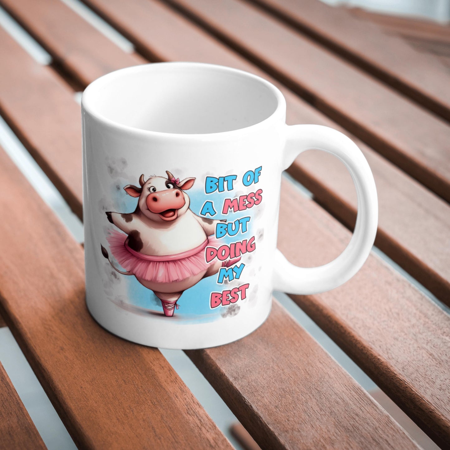 Bit of a Mess But Doing My Best Mug, Funny Cow Coffee Cup, Cute Animal Mug for Coffee Lovers, Humorous Gift for Mum or Friend