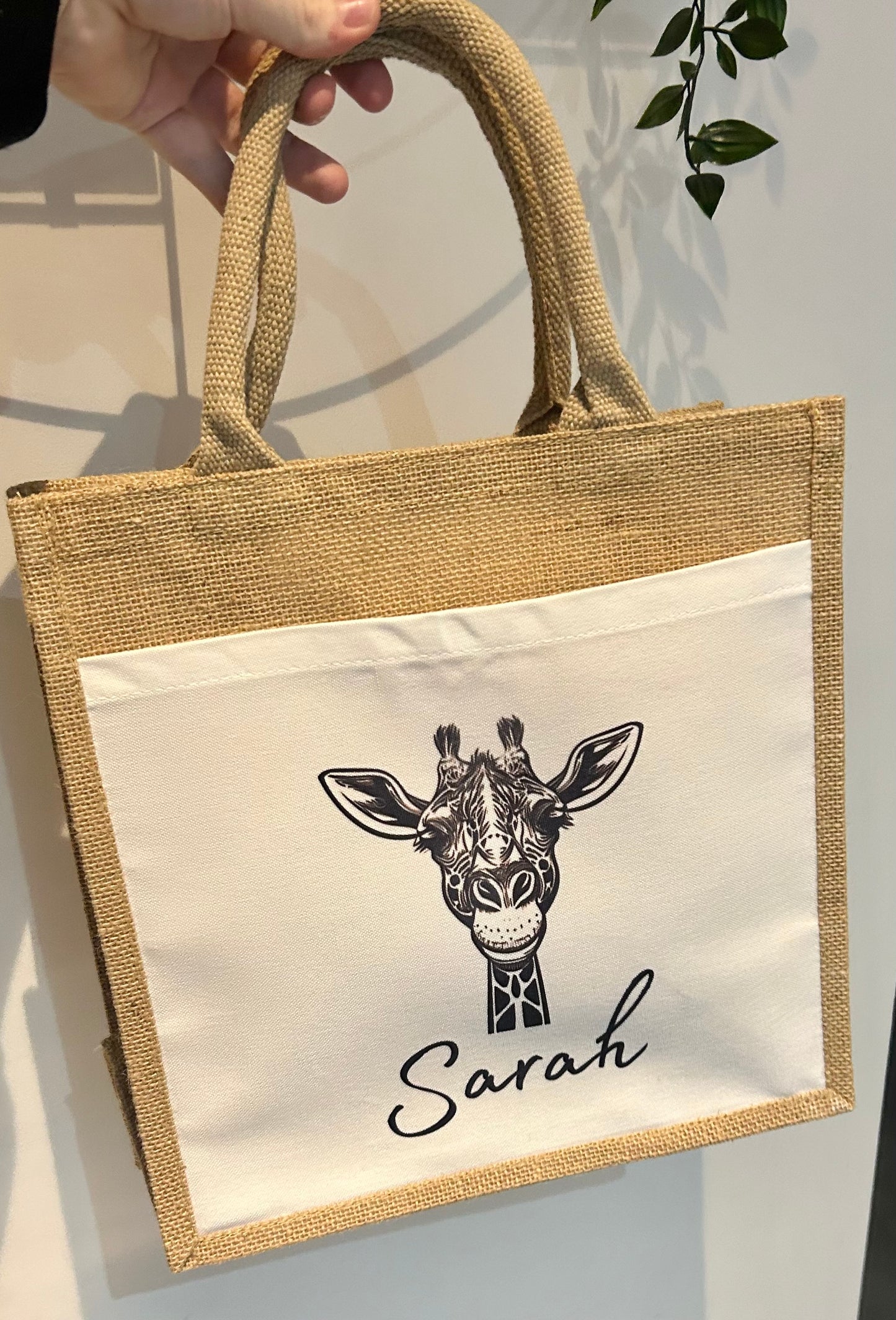 Giraffe Jute Tote Bag, Personalised Gift, Woman's Present, Pocket Tote Bag, Giraffe Gift, Gift For Her, Present For Lady, Giraffe Bag