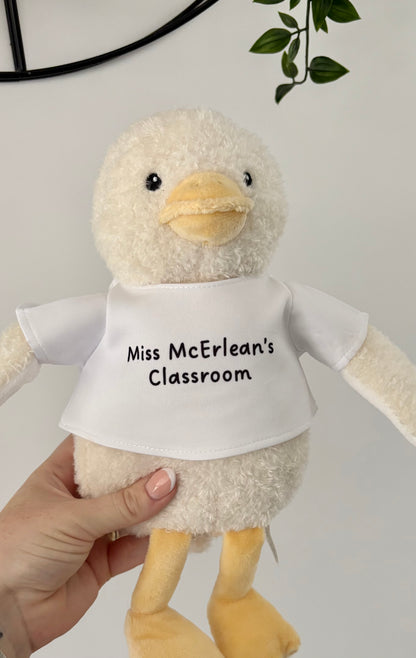 Personalised Duck Plush Toy with Custom T-Shirt / Cute Duckling Stuffed Animal / Custom Message Text Gift for Kids, New Baby, Baby Shower