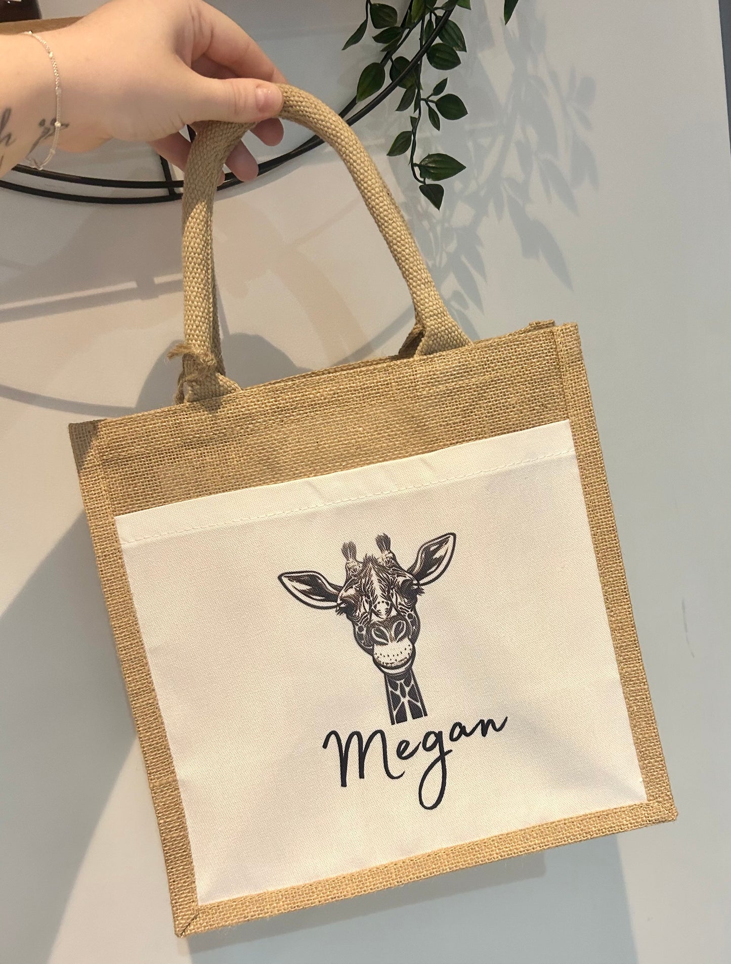 Giraffe Jute Tote Bag, Personalised Gift, Woman's Present, Pocket Tote Bag, Giraffe Gift, Gift For Her, Present For Lady, Giraffe Bag