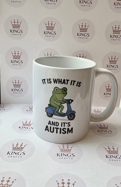 It Is What It Is Autism Mug, Frog on Scooter Coffee Cup, Funny Autism Awareness Gift, Quirky Animal Mug for Him Her, Cute Frog Mug