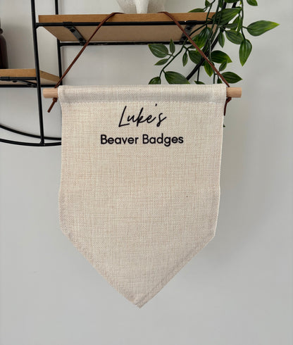 Personalised Badge Holder Pennant, Custom Name Hanging Banner Badges, Kids Room Display, Award Organizer