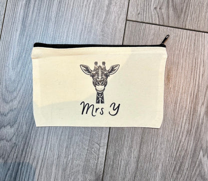 Personalised Giraffe Case, Personalised Gift, Canvas, Giraffe Gift, Giraffe Present, Giraffe Stationary, Giraffe Make Up Bag, Custom Name