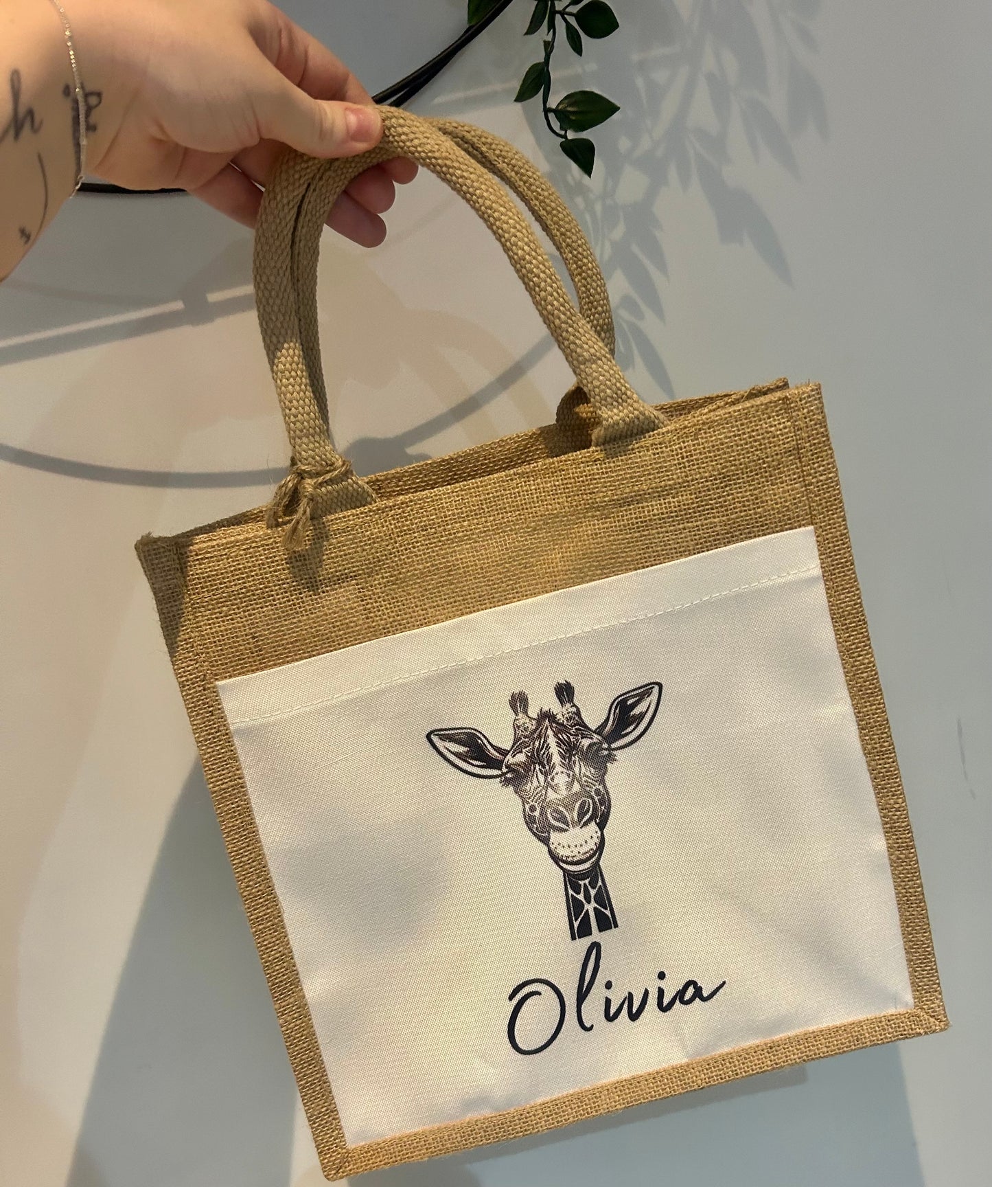 Giraffe Jute Tote Bag, Personalised Gift, Woman's Present, Pocket Tote Bag, Giraffe Gift, Gift For Her, Present For Lady, Giraffe Bag