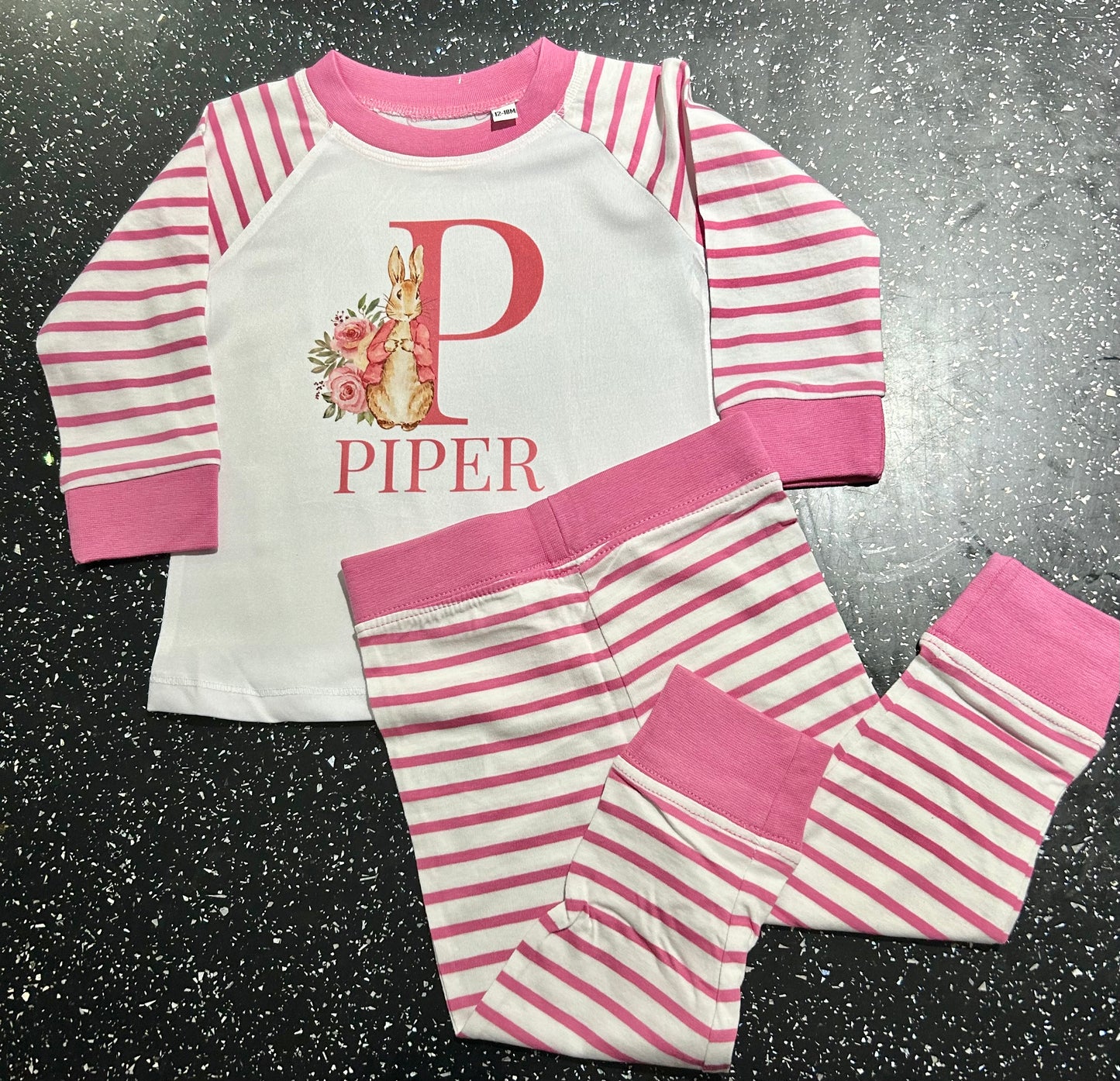 Personalised Girls Pyjamas, Name On Pjs, Personalised Pjs, Custom Pjs, Night Wear, Sleepwear, Rabbit Named Pjs, Pink Stripped, Rabbit Style