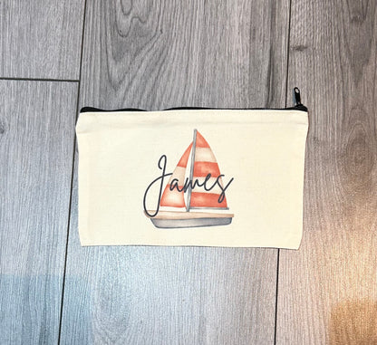 Personalised Pencil Case, Boat Pencil Case, Personalised Gift, Boat Gift, Childrens Name Present, Kids Pencil Case, Canvas Stationary, Boat