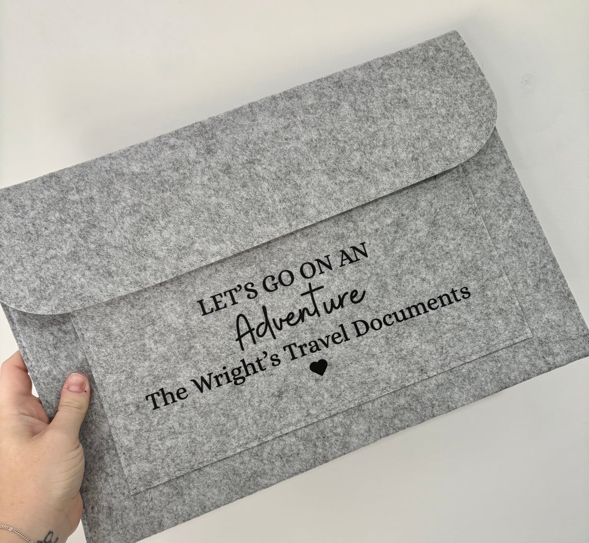 Custom Travel Essentials Pouch, Personalised Grey Felt Folder, Document Holder, Travel Wallet, Gift for Him or Her, Organiser Case, Holiday