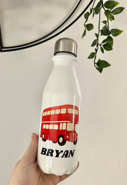 Custom Bus & Name Bottle, 650ml Bottle, Boys Bottle, Present Bottle, Personalised Bottle, Drink Bottle, Bus, Red Bus Bottle, Children Bottle