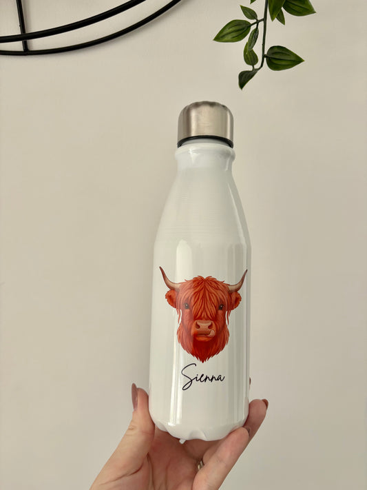 Personalised Highland Cow Water Bottle, Custom Drink Bottle with Name, Cute Animal Reusable Bottle for School, Birthday Gift