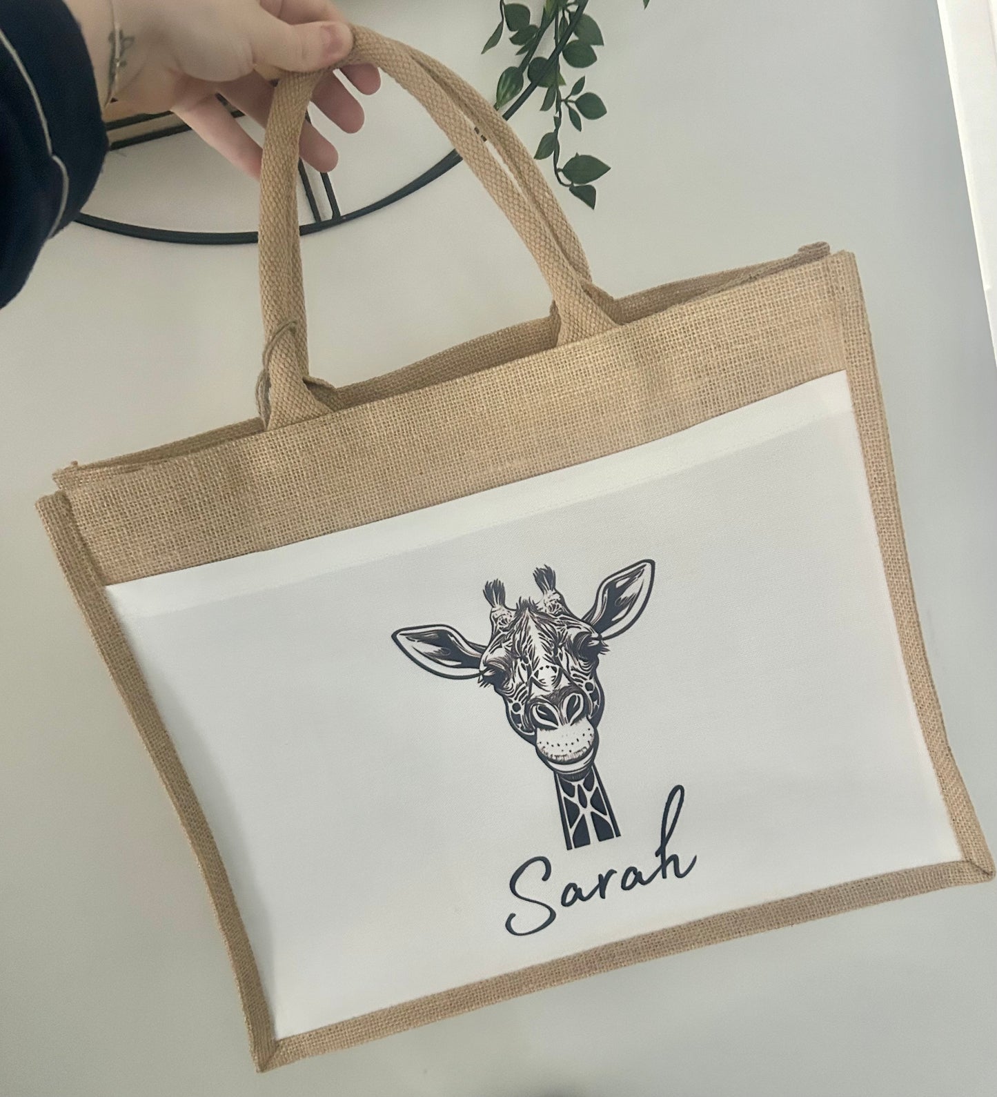 Giraffe Jute Tote Bag, Personalised Gift, Woman's Present, Pocket Tote Bag, Giraffe Gift, Gift For Her, Present For Lady, Giraffe Bag