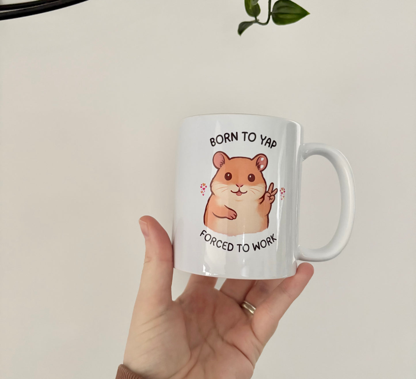 Born To Yap Forced To Work Mug, Funny Hamster Peace Sign Mug, Cute Animal Coffee Cup, Gift For Coworker, Pet Lovers, Office Humor Mug
