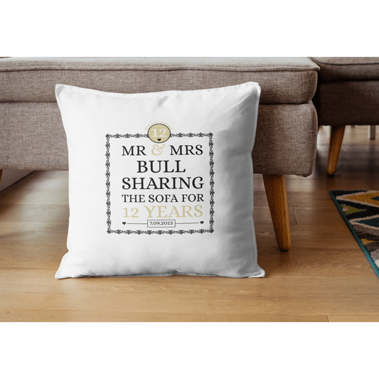 Personalised Cushion COVER, Sharing the Sofa for 12 Years, Silk Anniversary Gift, Custom Couples Names with Date, Wedding Keepsake
