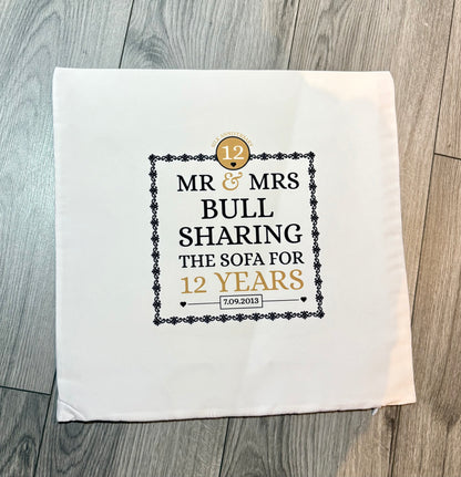 Personalised Cushion COVER, Sharing the Sofa for 12 Years, Silk Anniversary Gift, Custom Couples Names with Date, Wedding Keepsake