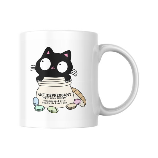 Anti-Depressant Super Extra Strength Mug, Recommended Daily Dose: Cuddles x10, Funny Coffee Mug, Cat Lover Gift, Cute Novelty Mug