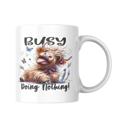 Busy Doing Nothing Mug, Highland Cow Mug, Funny Cow Mug, Farm Animal Coffee Cup, Novelty Mug, Animal Lover Gift, Humorous Mug