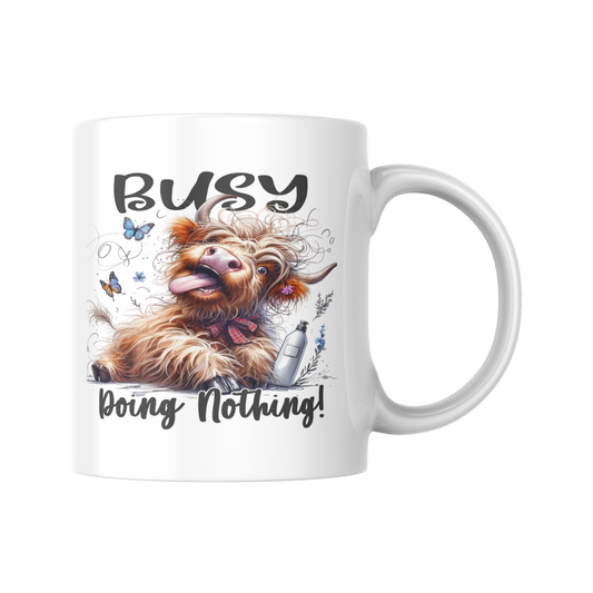 Busy Doing Nothing Mug, Highland Cow Mug, Funny Cow Mug, Farm Animal Coffee Cup, Novelty Mug, Animal Lover Gift, Humorous Mug