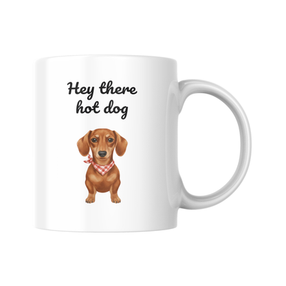 Hey There Hot Dog Mug, Ginger Sausage Dog Coffee Cup, Funny Dachshund Gift, Cute Wiener Dog Mug for Mum, Dog Lover Present, Doxie Cup
