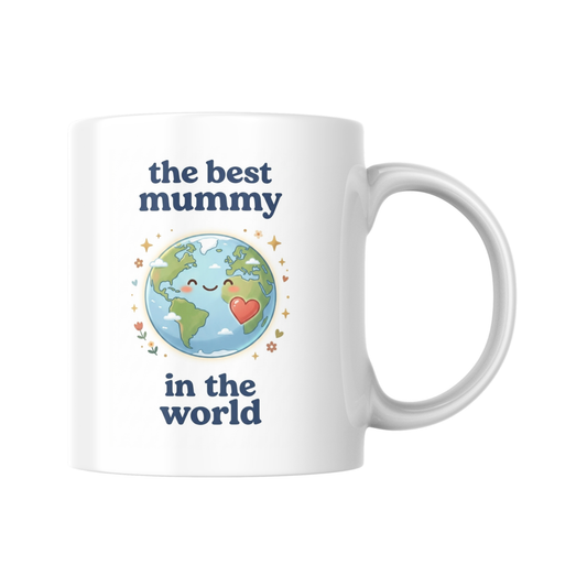 The Best Mummy in the World Mug, Cute Mothers Day Gift, Birthday Gift for Mum, World Earth Heart Coffee Cup, Present from Kids Daughter Son