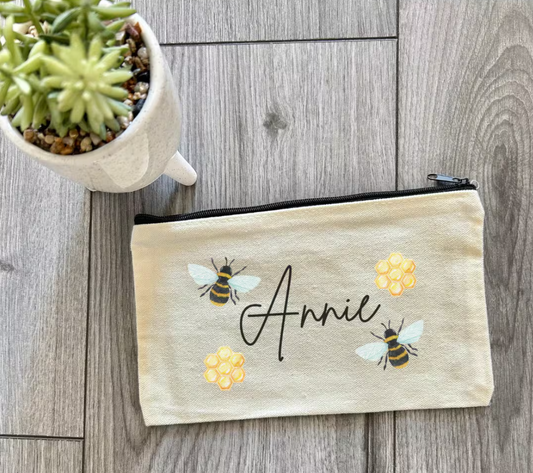 Personalised Bee Case, Personalised Gift, Canvas, Bee Gift, Bee Present, Stationary, Bee Make Up Bag, Custom Bee Case, Bumble Bee, Honey