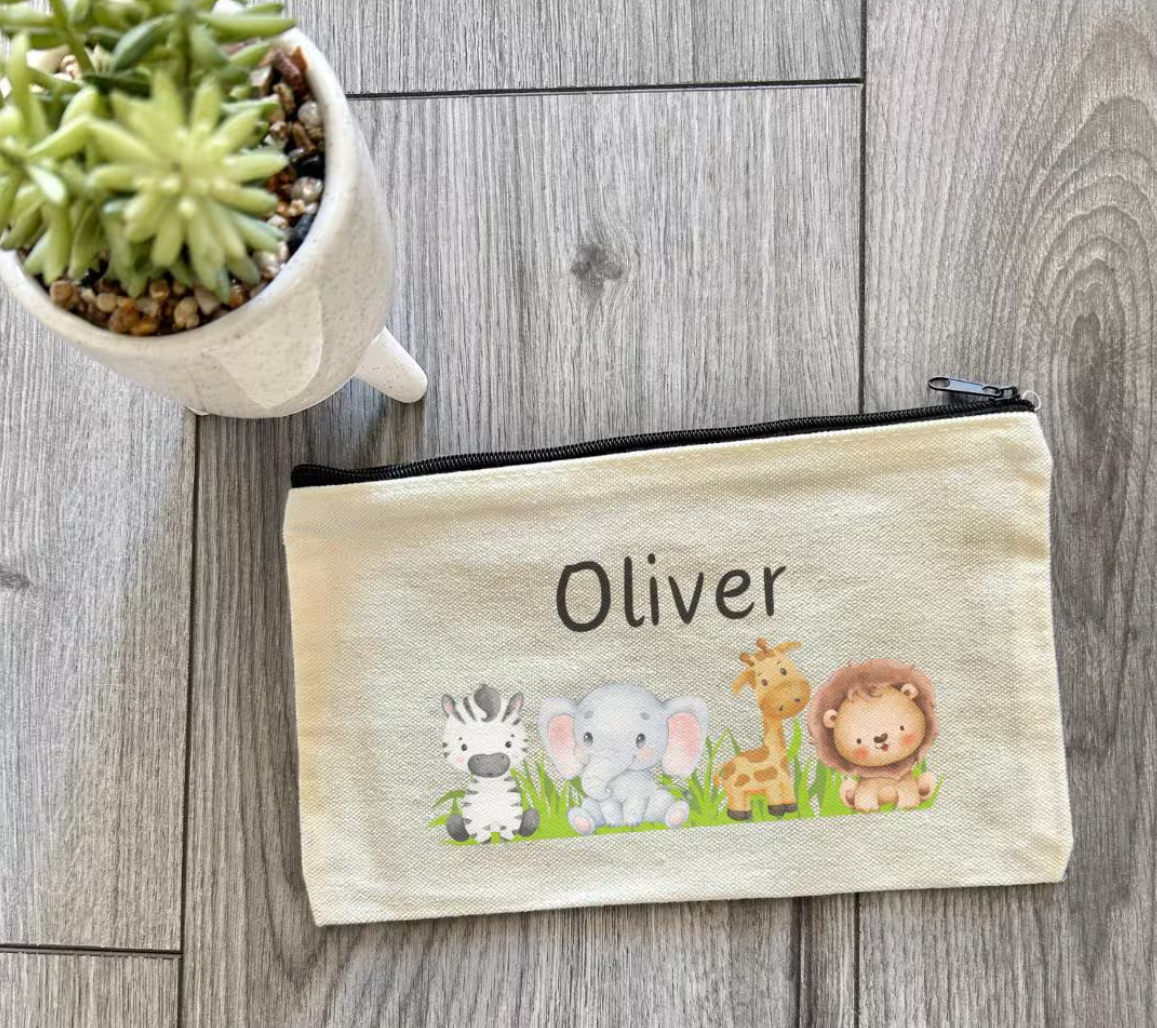 Personalised Animals Pencil Case, Personalised Gift, Giraffe, Elephant, Zebra, Lion, Gift, Present, Stationary, Zoo Animals, Custom Made