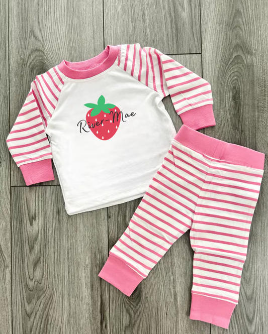 Personalised Girls Pyjamas, Strawberry Pjs, Name On Pjs, Personalised Pjs, Custom Pjs, Night Wear, Sleepwear, Named Pjs, Pink Stripped