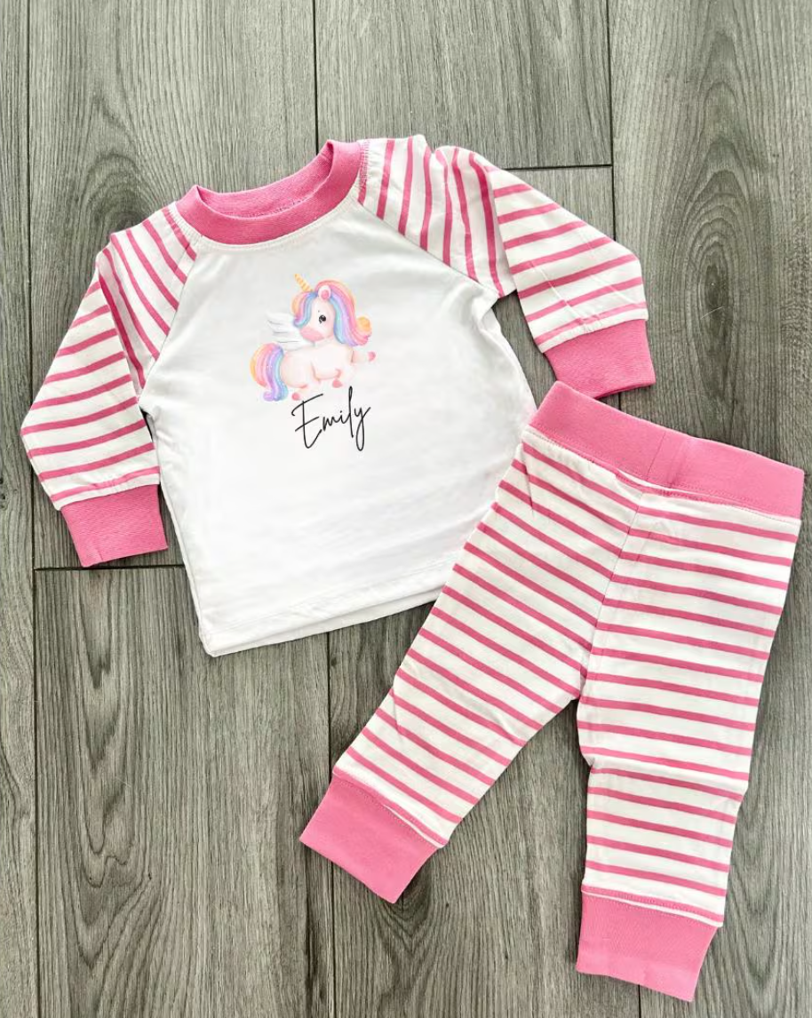 Personalised Unicorn Girls Pyjamas, Personalised Pjs, Custom Pjs, Night Wear, Sleepwear, Unicorn Named Pjs, Pink Stripped, Unicorn Style