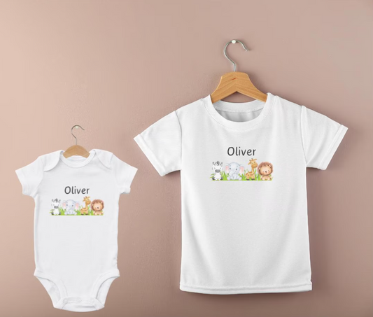 Personalised Animals Children's Top, Baby Bodysuit, Name & Animals, Giraffe, Elephant, Zebra, Lion, Zoo Animals, Animals And Name Top