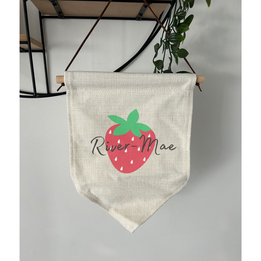 Strawberry & Name Wall Hanging Pennant, Children’s Door, Wall Sign, Room Decor, Nursery, Playroom, Childrens Room, Bedroom Sign, Strawberry