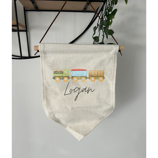 Trains & Name Wall Hanging Pennant, Children’s Door, Wall Sign, Room Decor, Nursery, Playroom, Childrens Room, Bedroom Sign, Kids