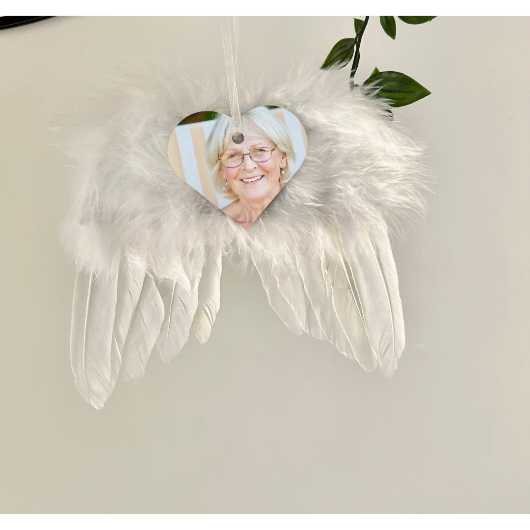 Personalised Memorial Christmas Tree Decoration, Feather Angel Wings, Custom Photo, Lost Loved Ones, Keepsake Gift, Hanging Decoration, Xmas