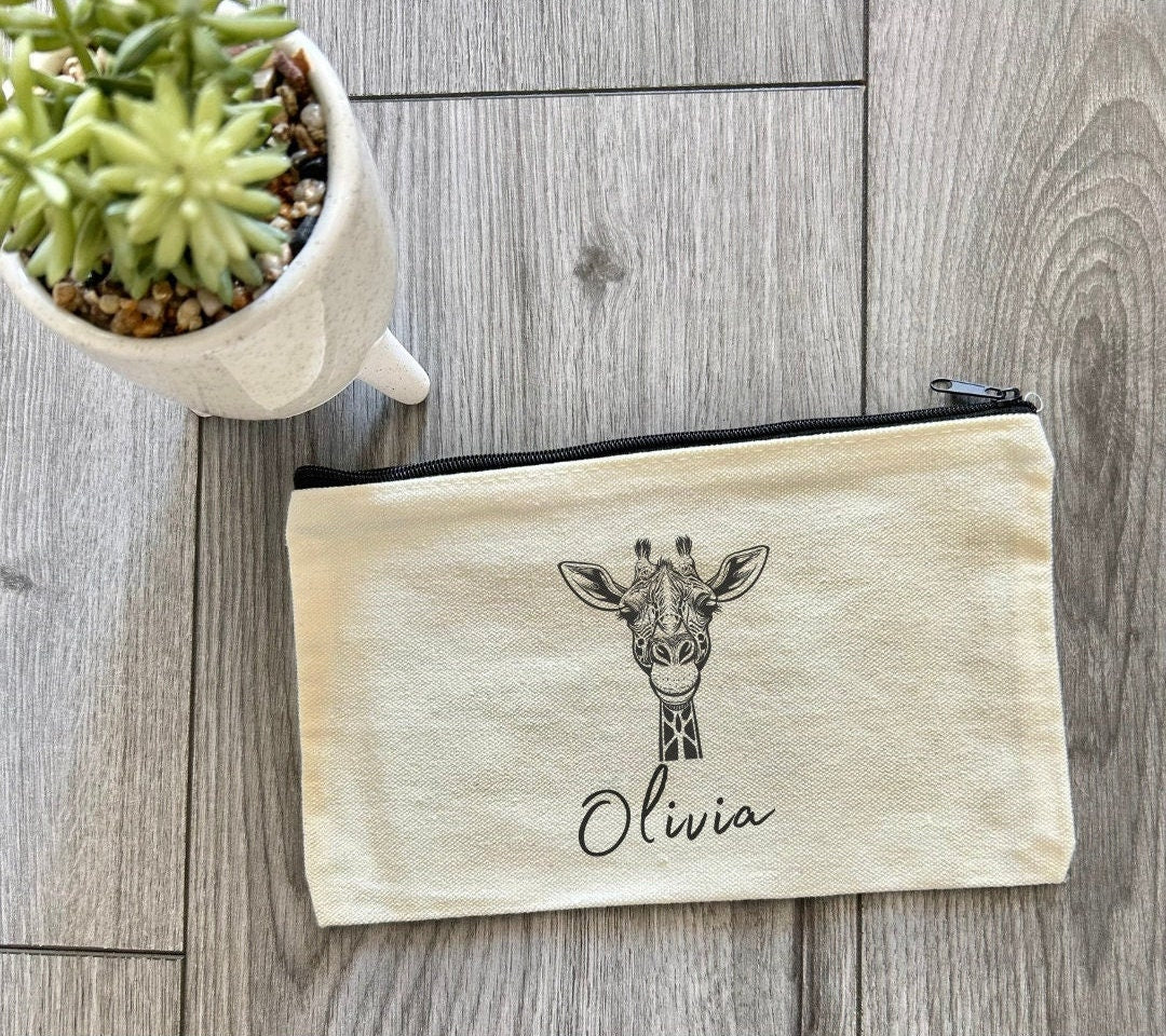 Personalised Giraffe Case, Personalised Gift, Canvas, Giraffe Gift, Giraffe Present, Giraffe Stationary, Giraffe Make Up Bag, Custom Name