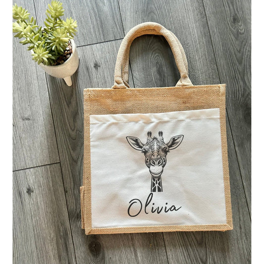 Giraffe Jute Tote Bag, Personalised Gift, Woman's Present, Pocket Tote Bag, Giraffe Gift, Gift For Her, Present For Lady, Giraffe Bag