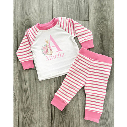 Personalised Girls Pyjamas, Name On Pjs, Personalised Pjs, Custom Pjs, Night Wear, Sleepwear, Rabbit Named Pjs, Pink Stripped, Rabbit Style