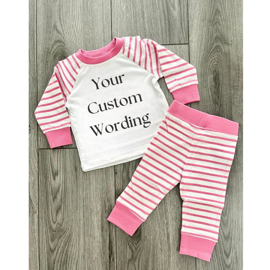 Personalised Girls Pyjamas, Wording On Pjs, Personalised Pjs, Custom Pjs, Night Wear, Sleepwear, Pink Stripped, Girls Bed Time Pjs, Gift