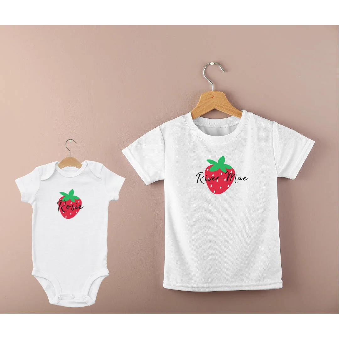 Personalised Custom Strawberry Children's Top, Baby Bodysuit, Name & Strawberry, Fruit T-Shirt, Berry Bodysuit, Strawberries