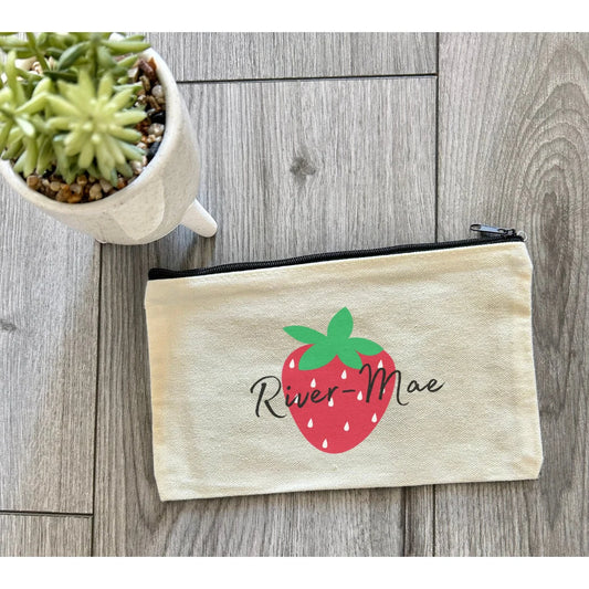 Personalised Strawberry Case, Personalised Gift, Canvas, Strawberry Gift, Strawberry Present, Stationary, Strawberry Make Up Bag, Custom