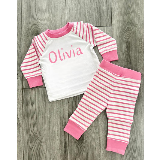 Personalised Girls Pyjamas, Name On Pjs, Personalised Pjs, Custom Pjs, Night Wear, Sleepwear, Pink Stripped, Girls Bed Time Pjs, Gift