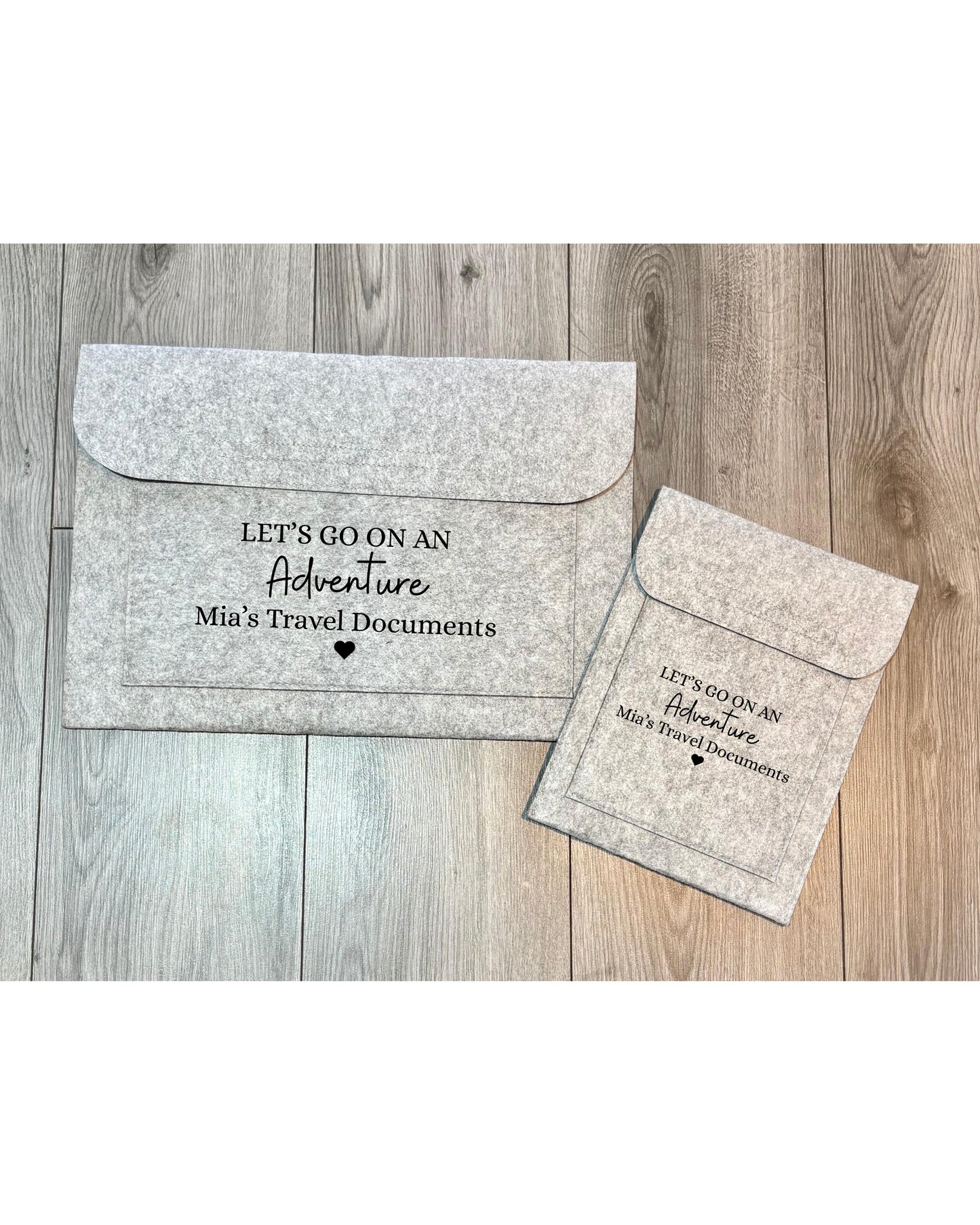 Custom Travel Essentials Pouch, Personalised Grey Felt Folder, Document Holder, Travel Wallet, Gift for Him or Her, Organiser Case, Holiday
