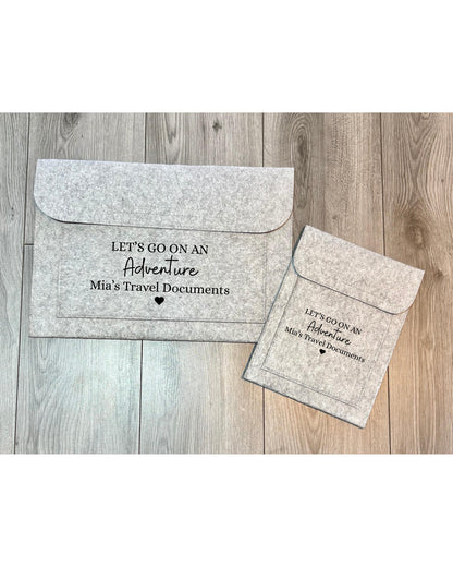 Custom Travel Essentials Pouch, Personalised Grey Felt Folder, Document Holder, Travel Wallet, Gift for Him or Her, Organiser Case, Holiday
