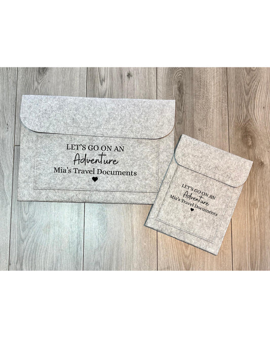 Custom Travel Essentials Pouch, Personalised Grey Felt Folder, Document Holder, Travel Wallet, Gift for Him or Her, Organiser Case, Holiday