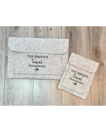 Custom Travel Essentials Pouch, Personalised Grey Felt Folder, Document Holder, Travel Wallet, Gift for Him or Her, Organiser Case, Holiday